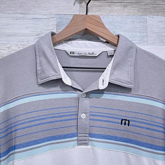 Travis Mathew Leeway Stripe Pima Cotton Jersey Golf Polo White Gray Mens XL - Picture 2 of 7
